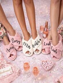 Customized Bridal Slippers, Customized Plush Slippers, Suitable For Bachelorette Party, Bridesmaid Gift, Fashionable Decor, Minimalist Style, Casual Cute, Comfortable Unique, Ideal Gift For Family And Friends - Multicolor - View 7
