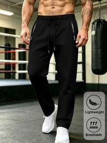 Men's Casual Sports Pants, Loose Fit Versatile Casual Long Pants, Elastic Drawstring Design Adjustable, Suitable For Daily Wear - Black - View 1