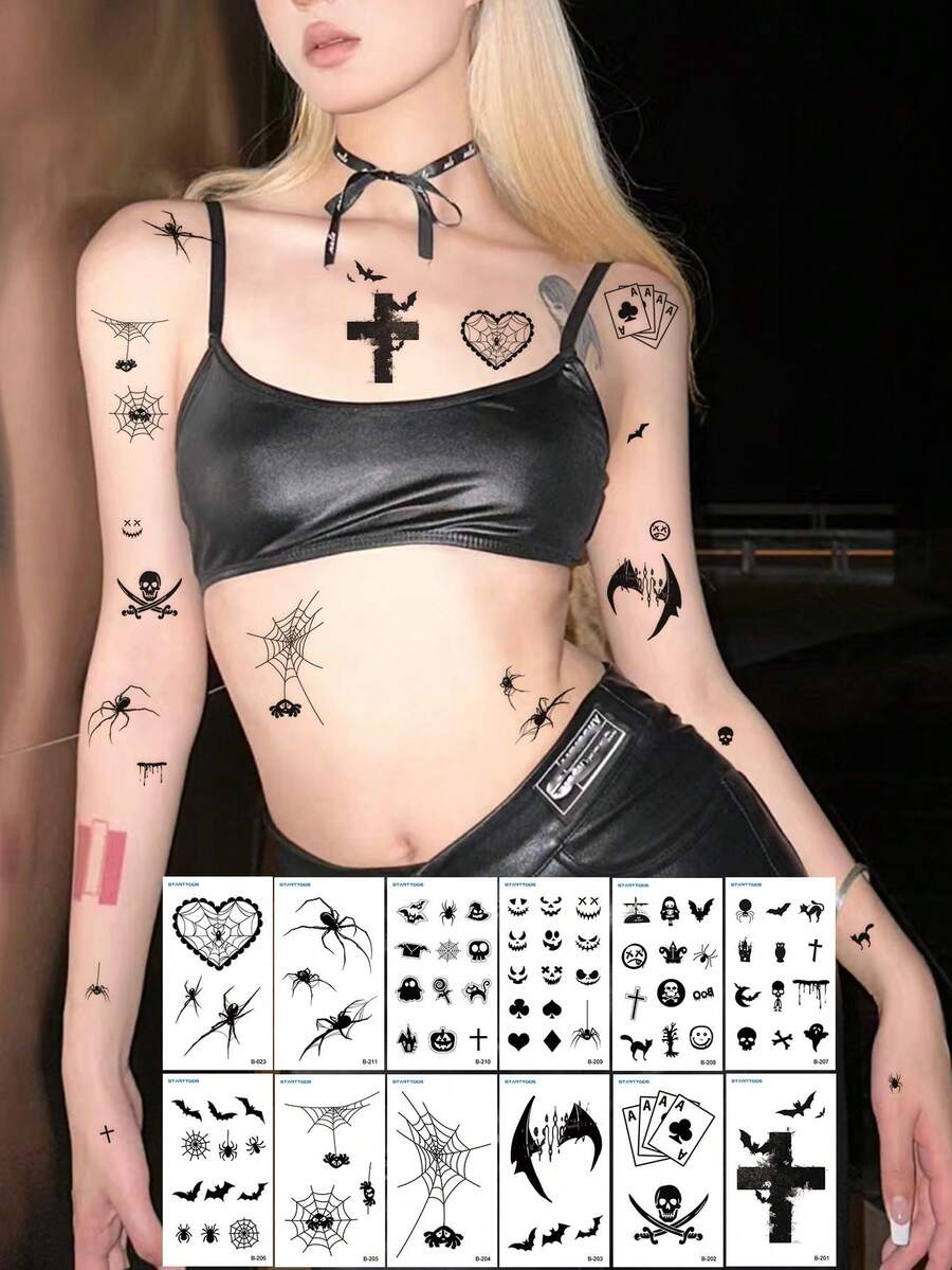 STARTTOOS 12PCS Halloween Black Skull Cross Spider Bat Ghost Pumpkin Pattern Temporary Waterproof Tattoo Stickers For Fingers, Arms, Collarbone, Shoulder, Neck, Behind Ears, Body - Black - View 1