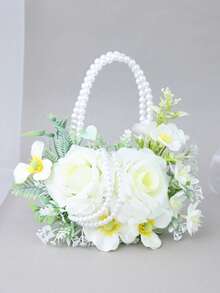 1pc Faux Pearl Double Hoop Bouquet, Artificial White Rose & Greenery Handheld Flower, Bridal Wedding Photo Prop - White - View 4