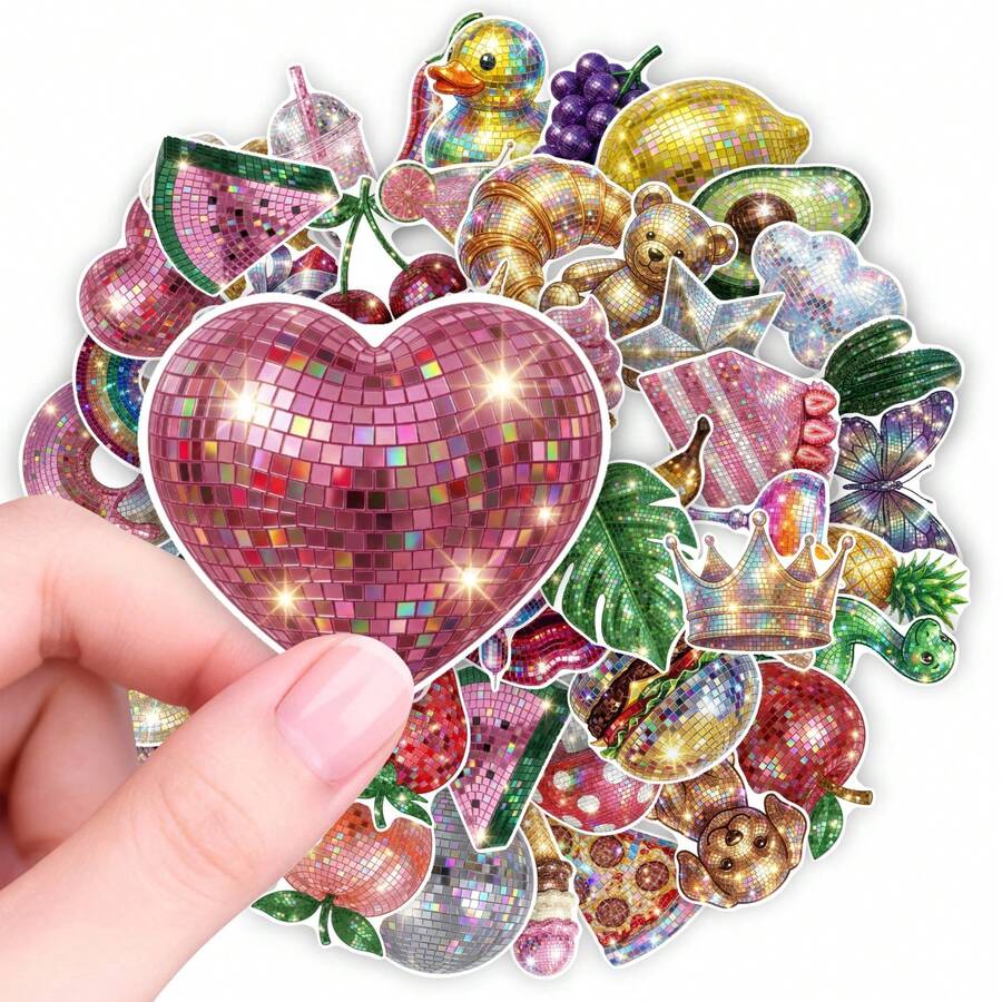 50pcs Pink Gold Disco Mosaic Y2K Aesthetic Stickers, Mirror Ball Retro Elements, Waterproof Vinyl Stickers, Suitable For Water Bottles, Journals - Multicolor - View 1