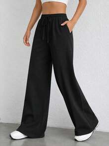 Women's Elastic Waist Drawstring Straight Leg Pants With Side Pockets, Relaxed Full Length Casual Active Trousers For Yoga - Black - View 2