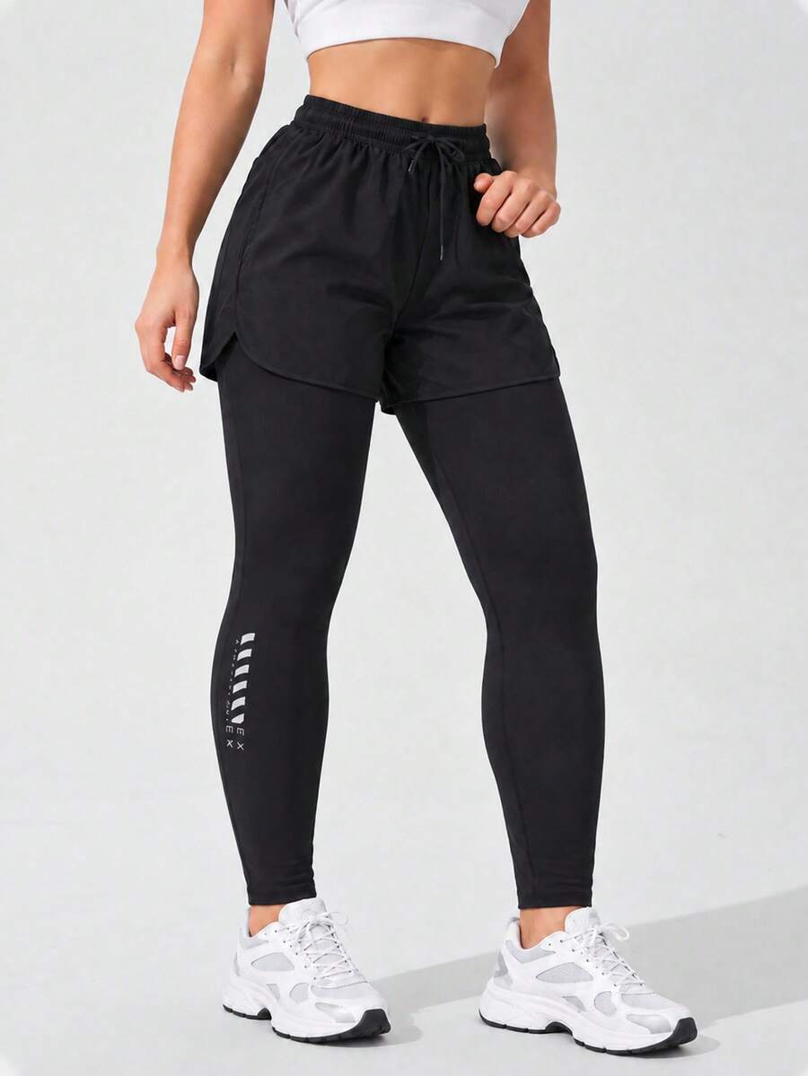 AODSR Women's Black 2-In-1 Layered Running Shorts With Full-Length Leggings, Drawstring Elastic Waist And Reflective Print - Black - View 1