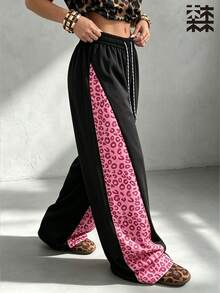 mulinsen Women's Straight Leg Sweatpants, Elastic Drawstring Waist, Pink Leopard Print Side Stripe Casual Joggers - Baby Pink - View 6
