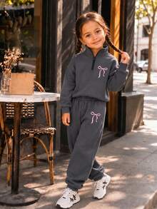 Girls Korean Style Bowknot Sweatshirt Set, Half-Zip High Neck Top + Cuffed Sweatpants 2-Piece Set, Casual Versatile Young Girl Sportswear For Autumn/Winter - Dark Grey - View 8