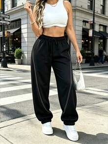 Women's New Fashion Casual Pants, Line Design, Loose Fit, Suitable For All Seasons, Outdoor Activities And Daily Wear, Perfect Gift For Girlfriend Sports - Black - View 1