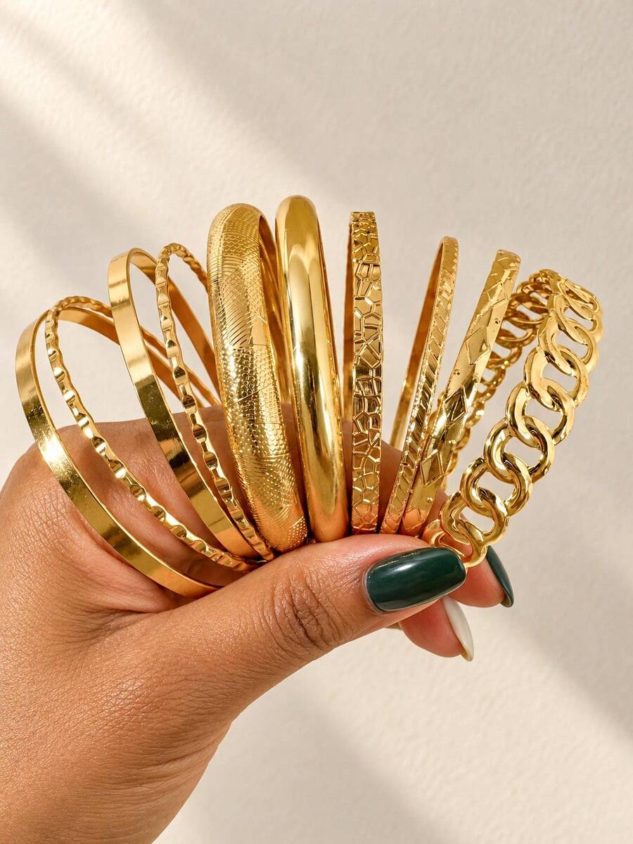 10pcs Boho Minimalist Bracelets Set For Women Retro Hip Hop Geometric Stackable Bracelet Daily Wear Party Jewelry Gift - Yellow Gold - View 1
