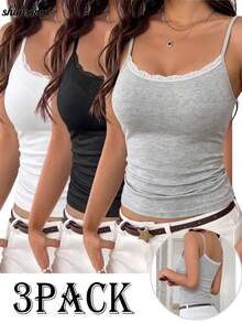 Women's 3 Pieces Lace Trim Camisole Set, Solid Color Basic Undershirt Top, Suitable For Daily Wear - Multicolor - View 2