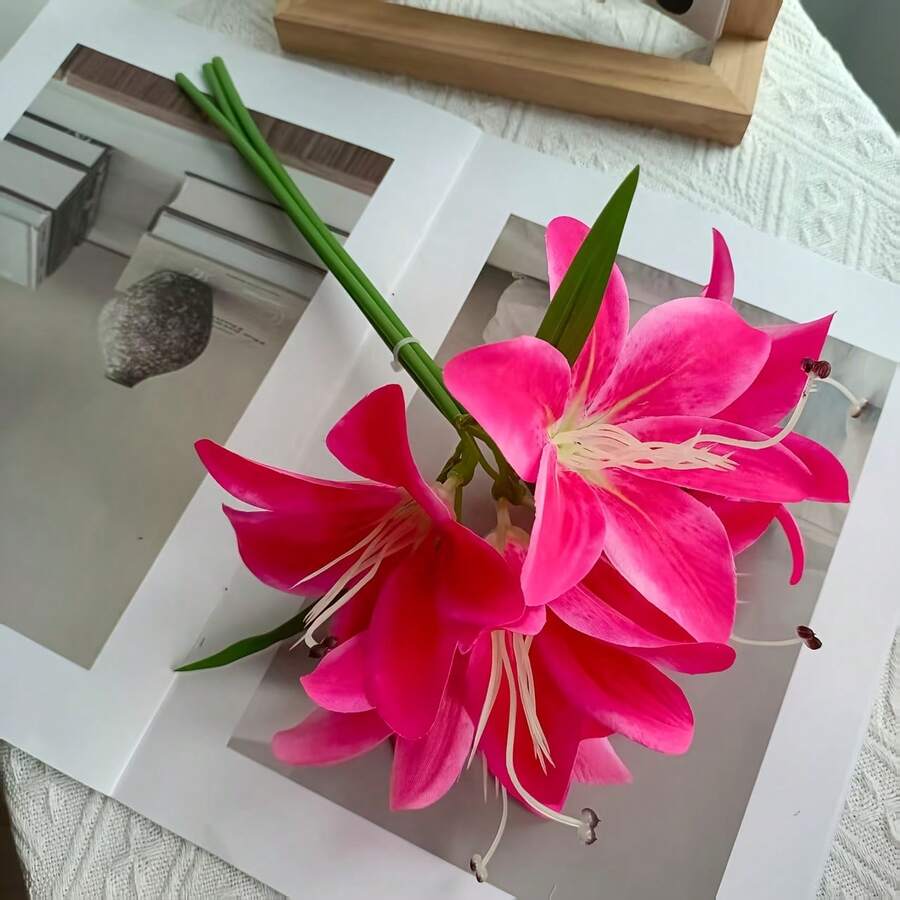 6朵/1支仿真洋红色百合花，人造花卉装饰，32厘米塑料假花，适用于家居装饰、婚礼花束、生日派对、餐桌、花园、婚礼装饰、新娘花束、丝绸百合花