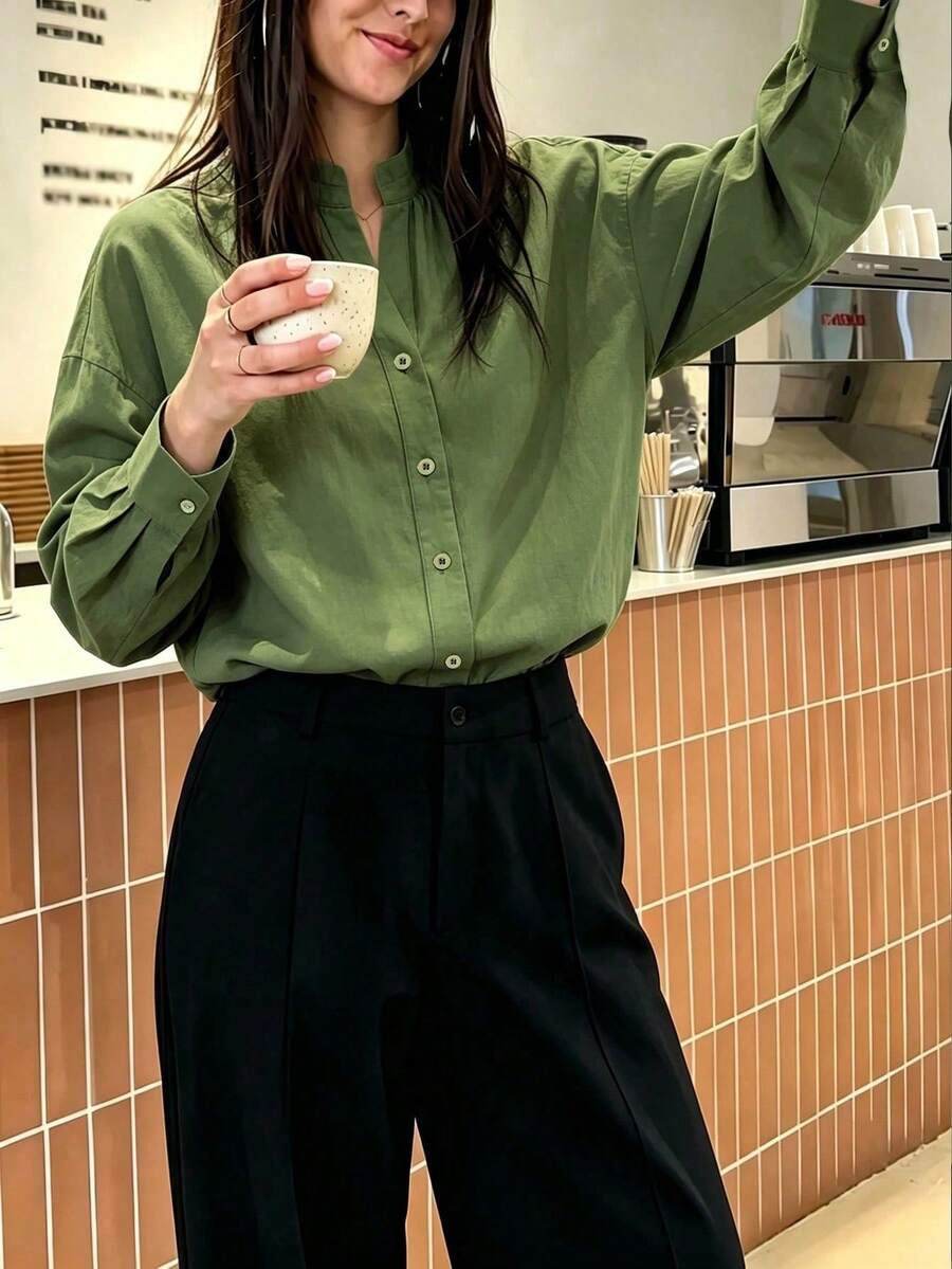 Women's Casual Solid Button Front Stand Collar Long Sleeve Button Cuff Relaxed Fit Shirt Business Office Home Vacation Daily Spring Autumn Winter - Army Green - View 1