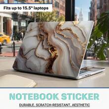 3pcs White & Gold Marble Pattern Laptop Stickers, Removable No-Residue PVC Decals, Waterproof Scratch-Resistant Laptop Protective Film, Includes 1 Screen Back Sticker + 2 Touchpad Side Stickers - View 1
