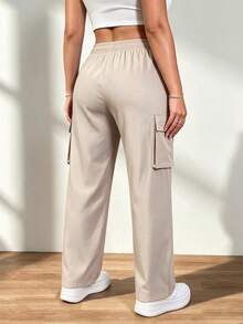 Women's Fashion Casual Solid Color Cargo Pants, Drawstring Waist With Large Pockets, Suitable For Outdoor, Sports, Daily Fashion Wear - Apricot - View 3
