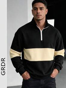 GRDR Men's Half-Zip Stand Collar Colorblock Sweatshirt, American Casual Contrast Stripe Loose Fit Long Sleeve Autumn/Winter Top - Black - View 8