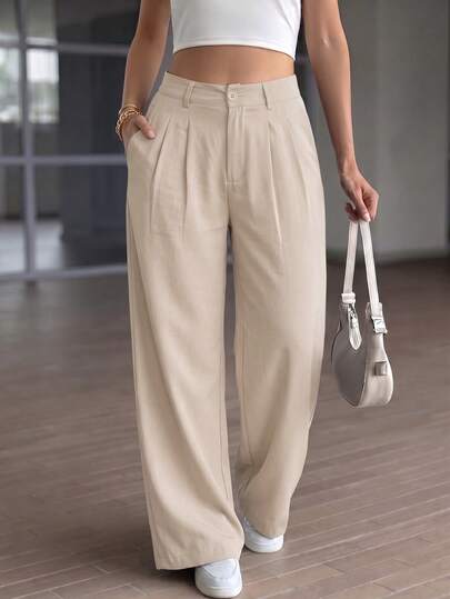 LUNNELUX Women's Beige Summer Casual Pants, Elegant High-Waist Linen Wide-Leg Long Pants, Suitable For Office, Streetwear, Beach And Vacation