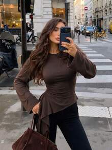 Women's Round Neck Long Sleeve T-Shirt, Asymmetrical Ruffle Tie Side, Waist-Cinching Slim Fit Short Top, Sexy Style - Brown - View 1
