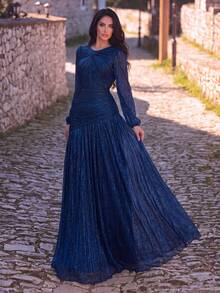 Elegant Round Neck Front Cutout Evening Gown, Suitable For Weddings, Balls, Anniversaries And Formal Occasions, Quiet Luxury, Minimalist Party Fall - Royal Blue - View 5