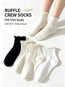 1/3/6 Pairs Sweet Girl Style Frill Trim Mid-Calf Socks, Black & White Solid Color Basic Lolita Matching Socks, Soft & Breathable Commuter Socks - Black and White - View 1