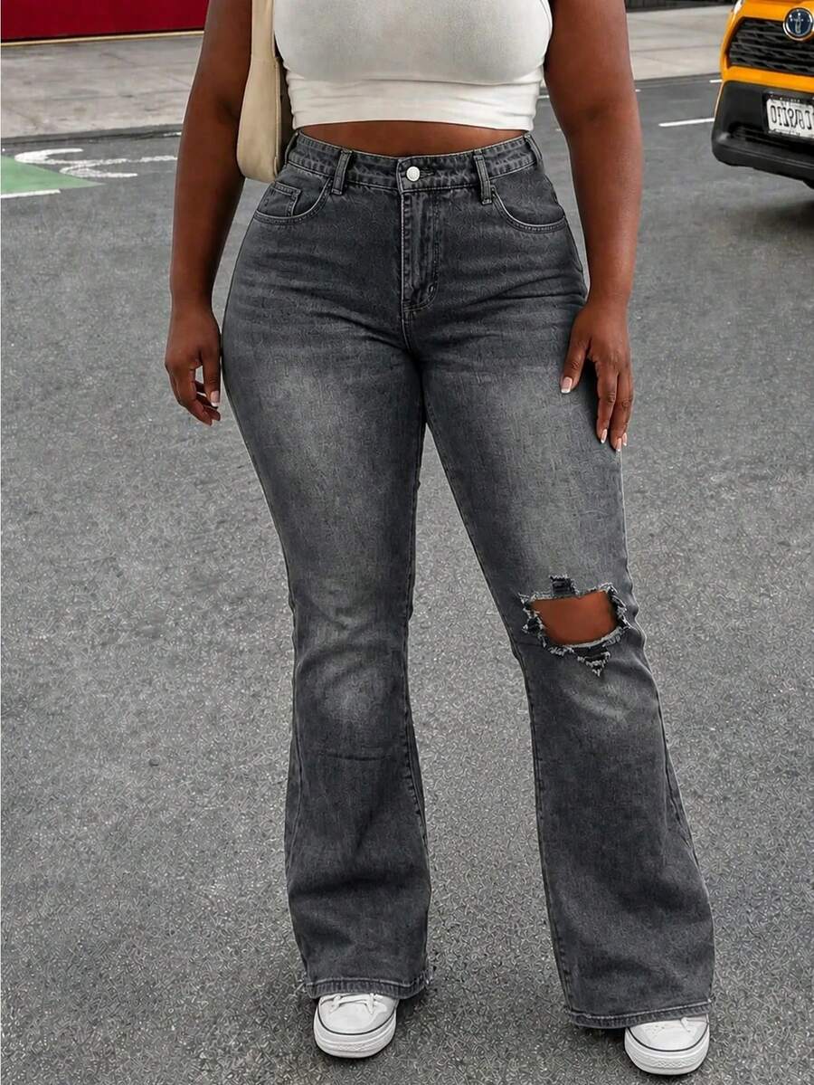 Plus Size Women Casual Skinny Flare Jeans Fall - Grey - View 1