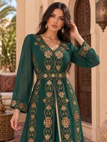 Women's Green Embroidered Kaftan Dress, Gold Beaded Long Sleeve V Neck Belted Maxi Gown For Eid Ramadan Wedding Party - Green - View 1