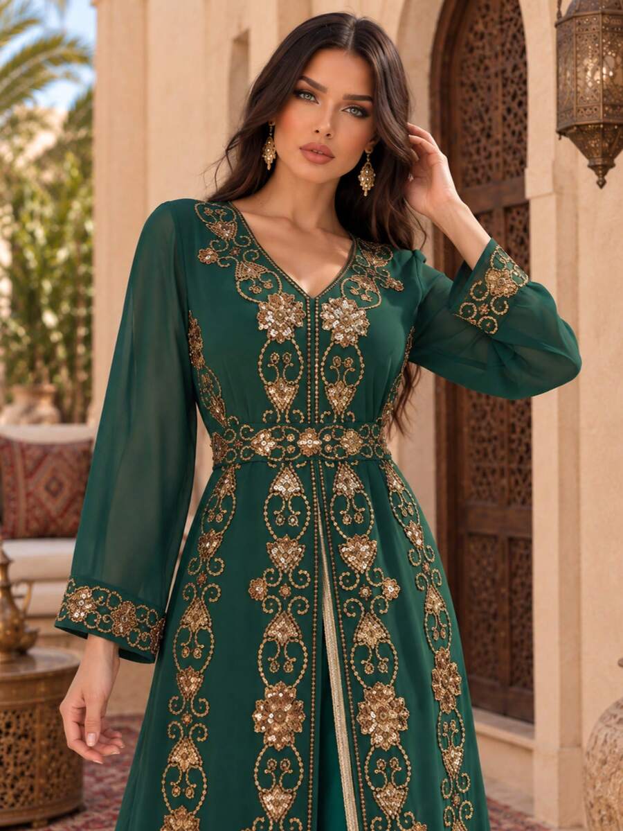 Women's Green Embroidered Kaftan Dress, Gold Beaded Long Sleeve V Neck Belted Maxi Gown For Eid Ramadan Wedding Party - Green - View 1