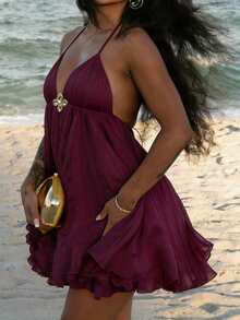 DORISS Summer Spaghetti Strap A-Line Short Metal Buckle Dress, Beach Vacation Afternoon Tea Elegant Streetwear Dress Party - Burgundy - View 5