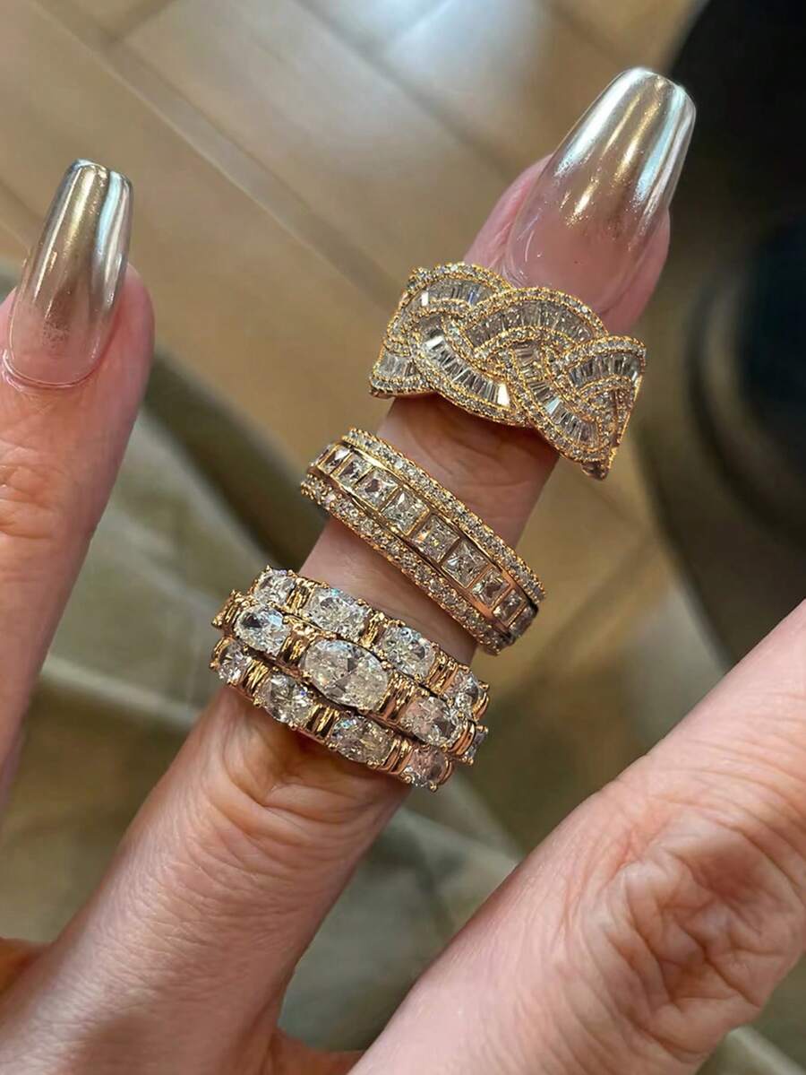 3 buah Cincin Terbuka Geometris Pilin dari Paduan Tembaga dengan Zirkonia Kubik Mewah Gaya Prancis, Cocok untuk Wanita untuk Pernikahan, Perjamuan dan Pesta - Yellow Gold - View 1