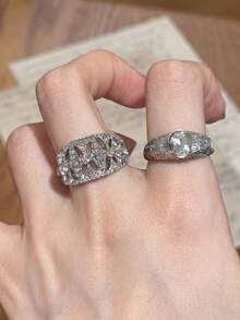 3pcs French Vintage Exquisite Luxurious Hollow Rings, High-End Elegant Minimalist Atmospheric Multi-Layer Carved Wide Band Rings, Niche Light Luxury Personalized Fashionable Cubic Zirconia Ring Set, Suitable For Women's Daily, Holiday, Commute, Date, Party Wear - Silver - View 5