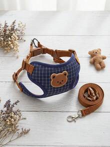 PETSIN Breathable And Comfortable Pet Leash Set With Classic Blue Plaid Fabric And Cute Teddy Bear Print, Designed For Small Teddy Dogs Outdoor Walks, Can Be Paired With Pet Collar - Blue - View 3