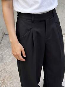 Women's High Waist Pleated Wide Leg Suit Pants, Pure Black Draped Loose Fit Commuter Long Pants With Pockets - Black - View 8