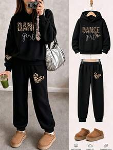 2pcs/Set Tween Girl Graphic Print Casual Fleece Hoodie Sweatshirt And Fleece Pants, Autumn/Winter Outfit - Black - View 3
