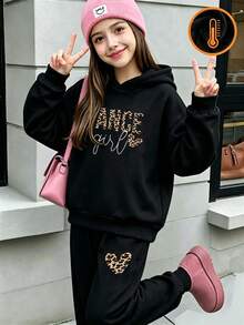 2pcs/Set Tween Girl Graphic Print Casual Fleece Hoodie Sweatshirt And Fleece Pants, Autumn/Winter Outfit - Black - View 4