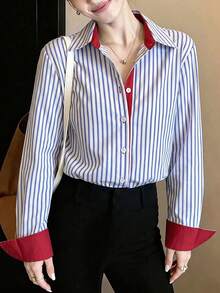 Fashion Plus Size Long Sleeve Button-Up Shirt, Red Lining And Cuffs, Regular Fit, Asymmetrical Hem, Modern Style - Blue - View 4
