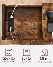 Mesa Auxiliar con Almacenamiento, con Puertos USB y Tomacorrientes, Mesita de Noche con Estación de Carga, Bolsas de Tejido, para Sala de Estar, Habitación, Rustico Marrón y Negro ULET310B01V1 - Negro - Ver 8