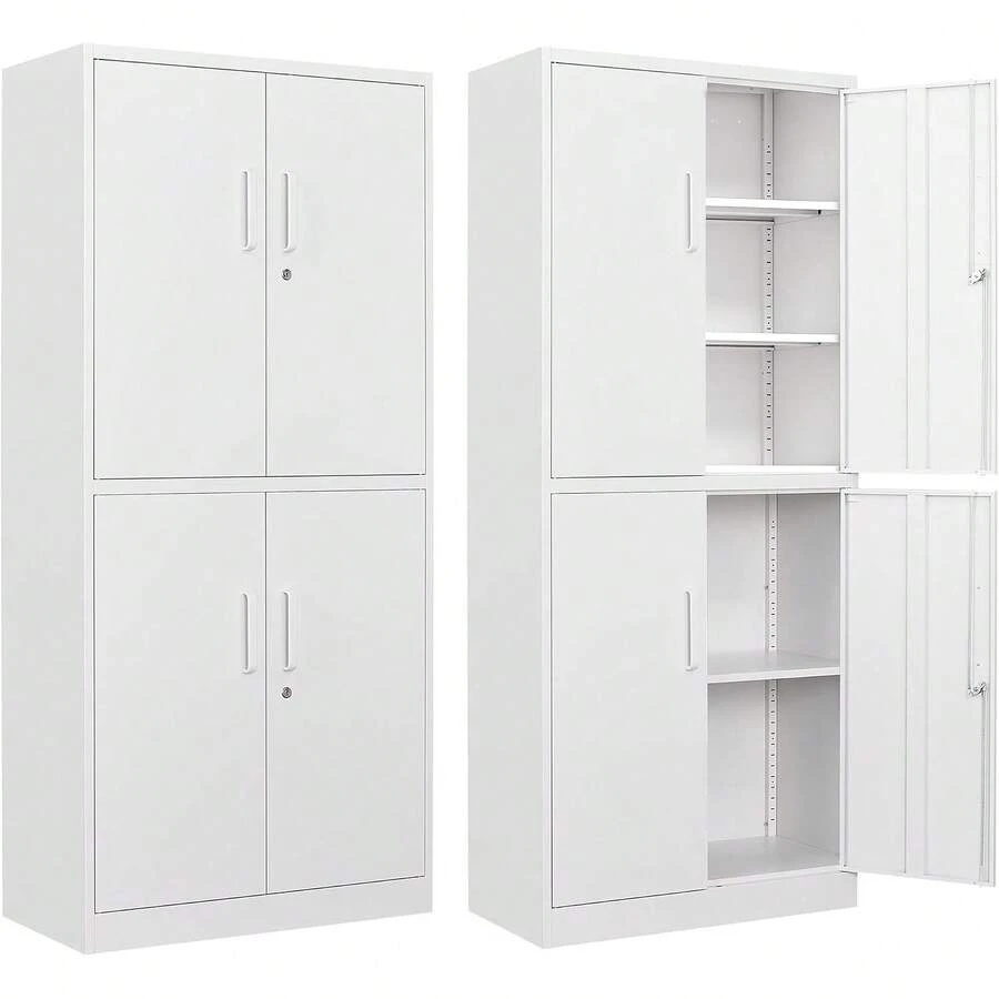 Armarios de almacenamiento de metal con cerradura, pequeños armarios de acero, estantes de capas ajustables, 2 puertas para el hogar, oficina, almacén, cochera, industrial, armarios de - Blanco - Ver 1