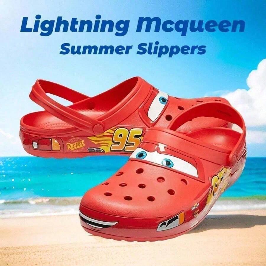 FIFA Co-Branded Cartoon IP Lightning Mac Red Clog Shoes, No. 95 Racing Theme Print, Soft Sole, Anti-Slip, Breathable, Casual Sandals, Summer Outdoor Beach Versatile Style - Multicolor - View 1