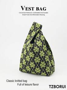 迷你輕量可折疊可愛藍色樹脂鏤空透氣撞色針織手提包，適合度假、攝影、學生、女孩 - 綠色 - 查看 2