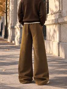 Men's Autumn/Winter Corduroy Drawstring Waist Wide Leg Casual Long Pants, Solid Color Loose Tapered Full Length Trousers, Daily Streetwear - Coffee Brown - View 7