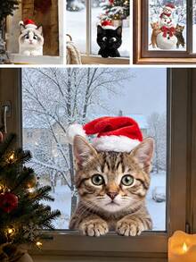 BRUP 1PC Cute Peeking Cat Christmas Static Window Stickers,Tabby Cat With Santa Hat Electrostatic Glass Clings,Xmas Holiday Decor For Home, Shop And Window - Multicolor - View 1