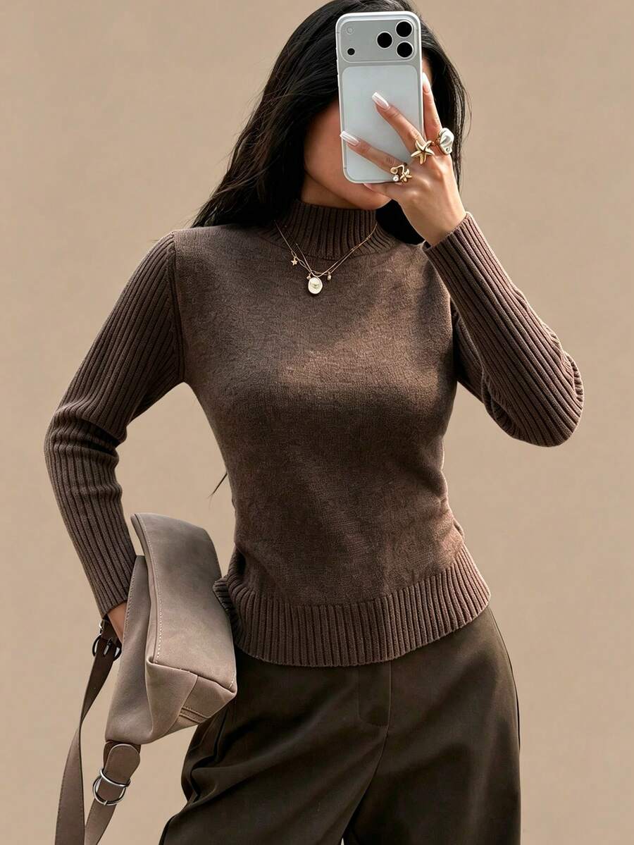 Averia Women's Minimalist Chic Brown Turtleneck Ribbed Slim-Fit Long Sleeve Basic Sweater, Elegant Minimalist Business Daily Outing Top, Fall Winter - Brown - View 1