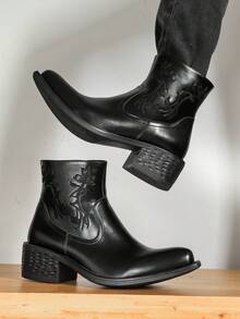 ZCZ Men's Embroidered Western-Style Ankle Boots, Pointed-Toe With Side Zipper And Chunky Square Heel - Black - View 4