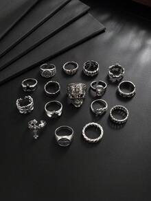 16pcs/Set Gothic Punk Vintage Distressed Geometric Cross Skull Pattern Charm Metal Open Ring Set, Rock Hip-Hop High-End Style, Personalized Minimalist, Street Photography, Wedding Vacation, Banquet Party, Holiday Couple Versatile Fashion Men's Ring Gift - Ring - View 8