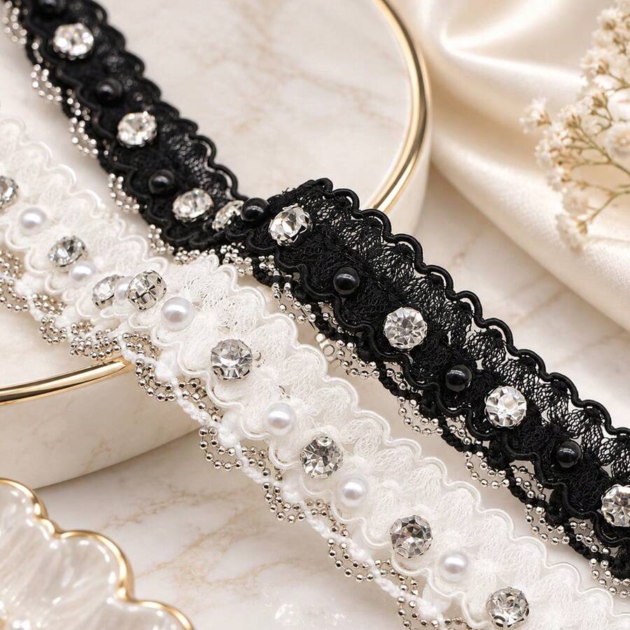 1 Yard Crystal Faux Pearl Beaded Lace Trim, 2cm Wide, Suitable For DIY Clothing Decoration Sewing Edging - 1 Yard Of Rhinestone Lace - View 1