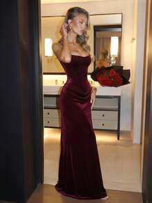 Elegant Suede Thin Strap A-Line Ruched Long Ball Gown - Burgundy - View 4