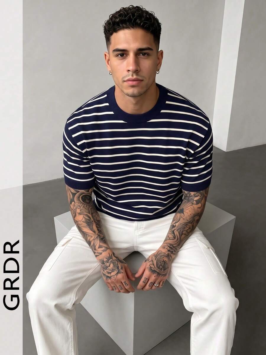 GRDR Men's Casual Navy Blue & White Striped T-Shirt - Simple & Fashionable Short Sleeve For Summer - Navy Blue - View 1