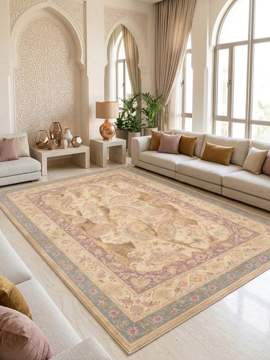 1PC Paisley Pattern Faux Cashmere Machine Washable Area Rug, Middle Eastern Persian Style Exotic Classical Palace Rectangular Soft Carpet, Living Room Bedroom Home Decor, All Season Use, Aesthetic Home Decoration - Multicolor - View 1