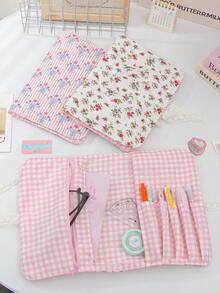 1 buah Kotak Pensil Motif Bunga Gaya Korea Warna Pink untuk Perempuan, Kotak Alat Tulis Siswa Kapasitas Besar dengan Penutup Kancing Jepret, Tas Penyimpanan Multifungsi - MultiWarna - View 5