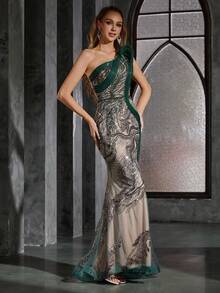 Women's Elegant Asymmetrical Shoulder Design Luxury Party Maxi Dress - Grass Green - View 5