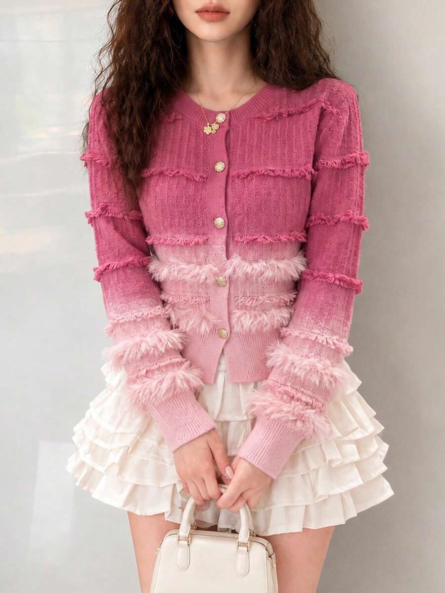 Women's Autumn/Winter Casual Elegant Gradient Design Frayed Hem Cardigan Sweater - Pink - View 1