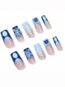24Pcs Autumn & Winter Long Square Press On Nails Nude Pink Baby Blue French Tip White Butterfly Print 3D Ribbon Pearl Gold Bead Decor Reusable Fake Nail Set For Wedding Party - Multicolor - View 3