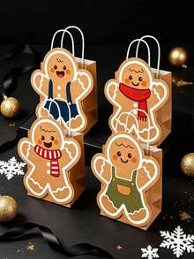 24pcs/Set Christmas Gingerbread Man Gift Bag Set, 12 Hollow Kraft Paper Tote Bags With Handles & 12 Matching Gift Cards, Christmas Party Holiday Gift Packaging Bag Set - Multicolor - View 7